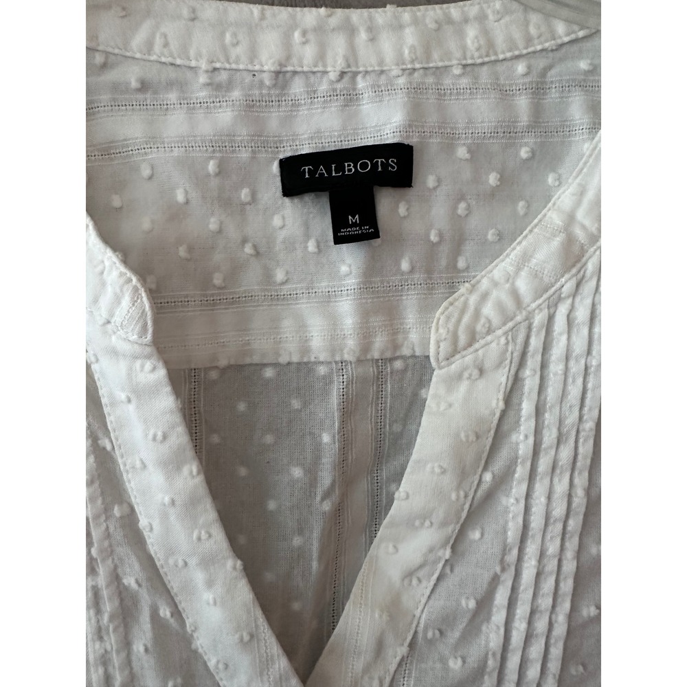 Talbots White Swiss Dot Pintuck Top Womens‎ Medium 3/4 Sleeve Cotton Blouse - Picture 2 of 10